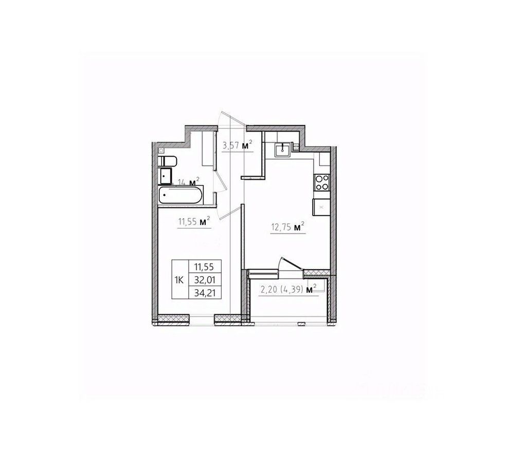 1к. квартира, 34.2 м²