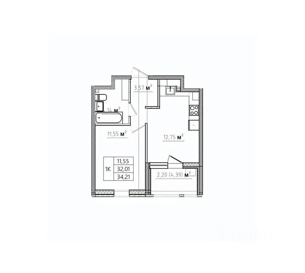 1к. квартира, 34.2 м²