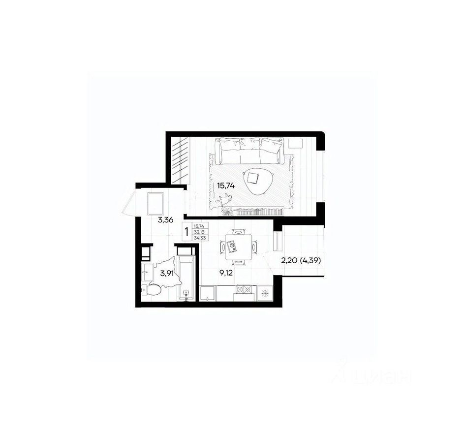 1к. квартира, 34.3 м²