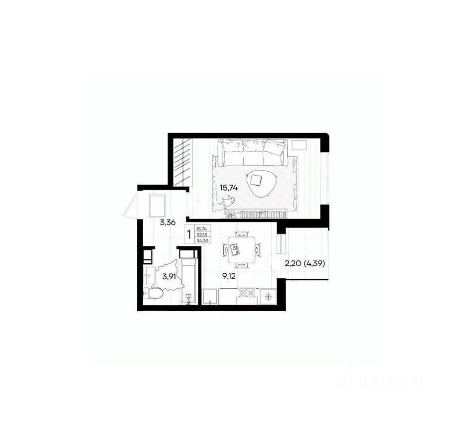 1к. квартира, 34.3 м²