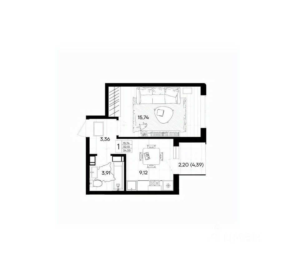 1к. квартира, 34.3 м²