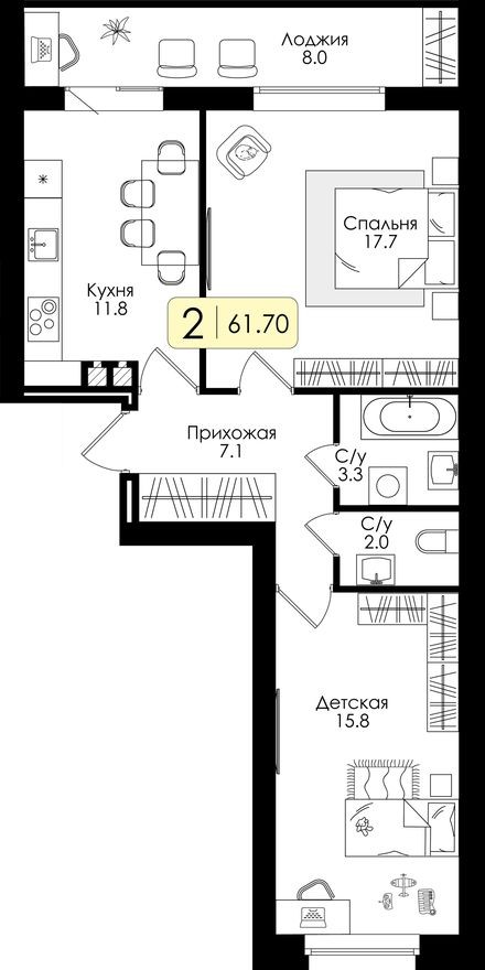 2к. квартира, 61.7 м²