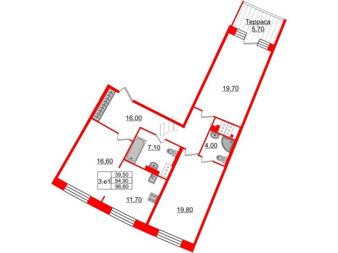 2к. квартира, 94.9 м²