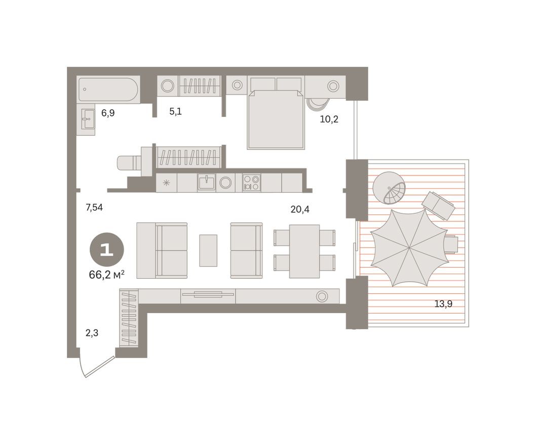 1к. квартира, 66.2 м²