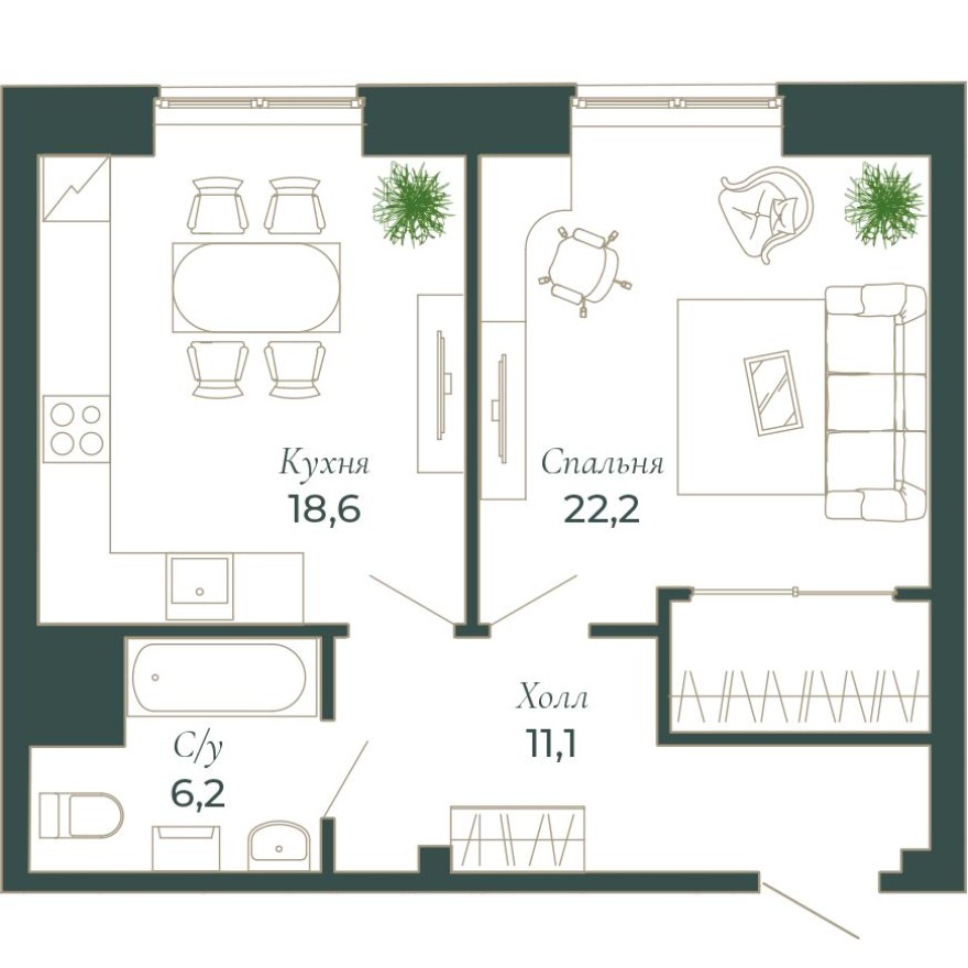 1к. квартира, 58.1 м²