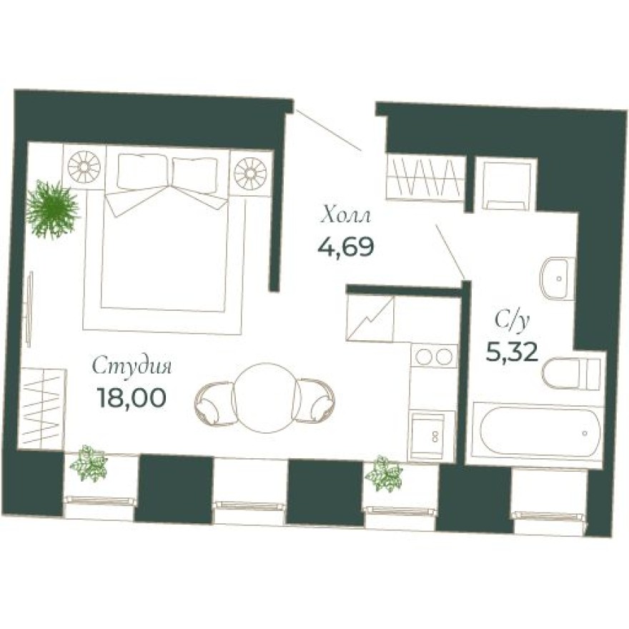 9к. квартира, 27.8 м²