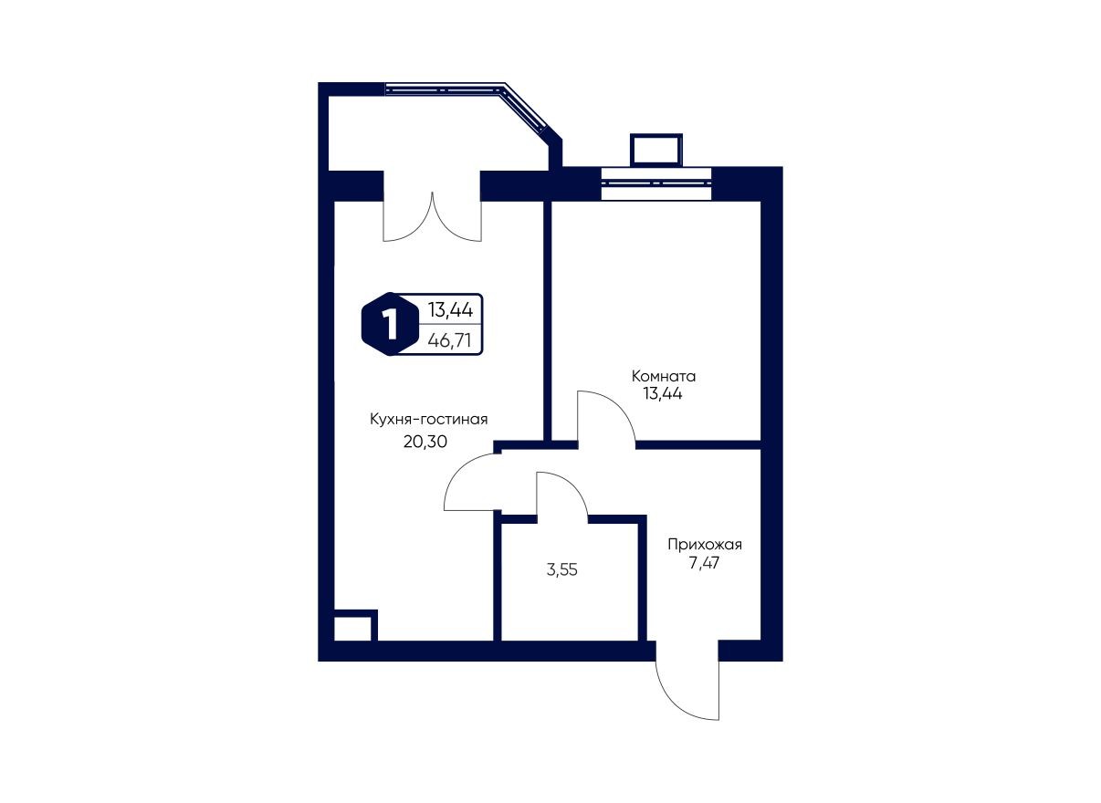 1к. квартира, 46.7 м²