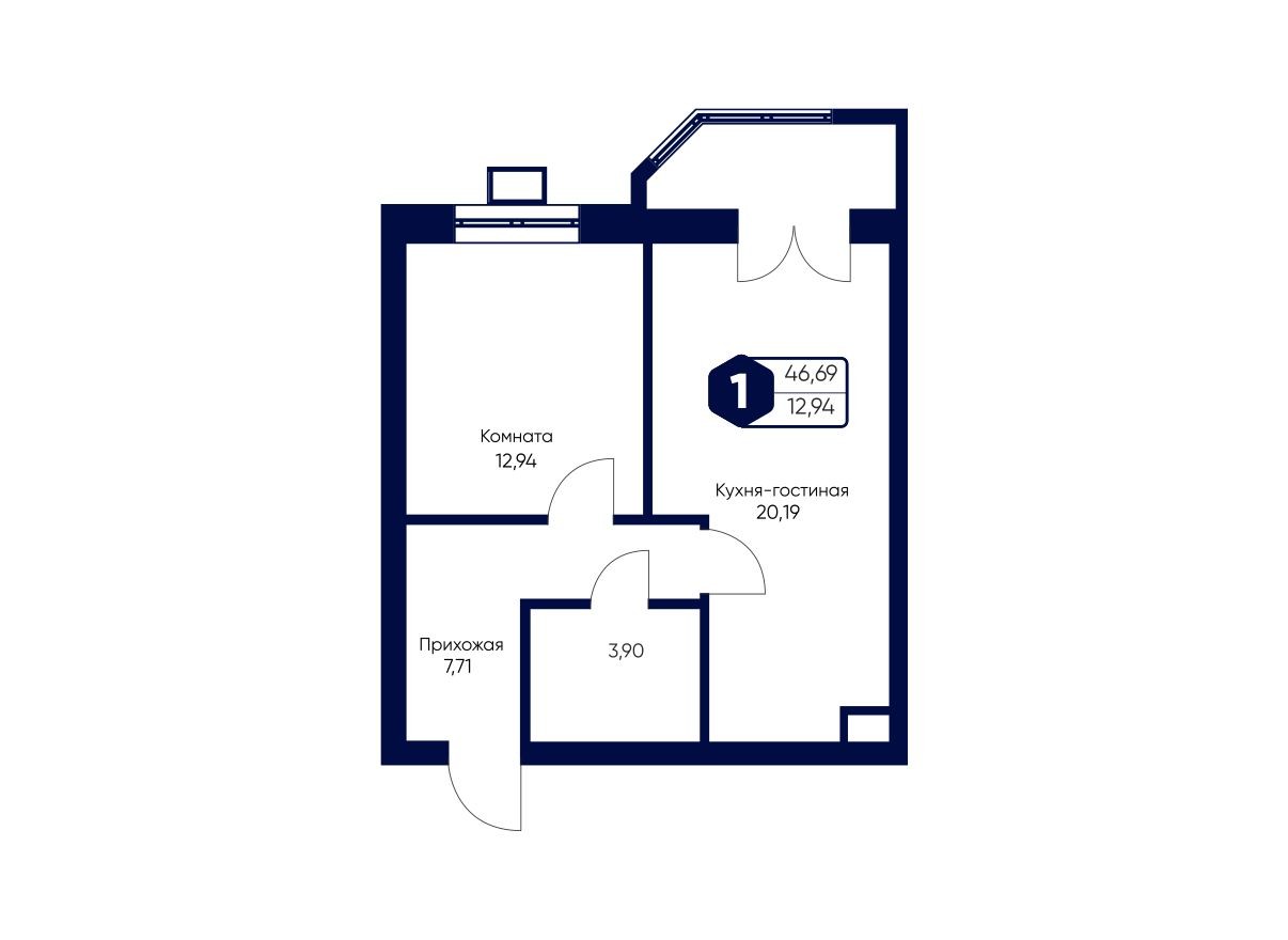 1к. квартира, 46.7 м²
