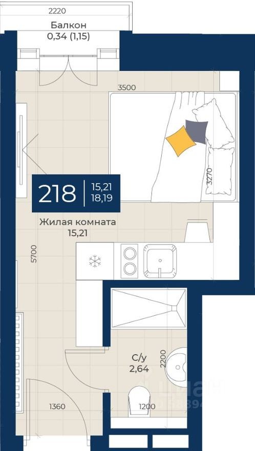 1к. квартира, 18.2 м²