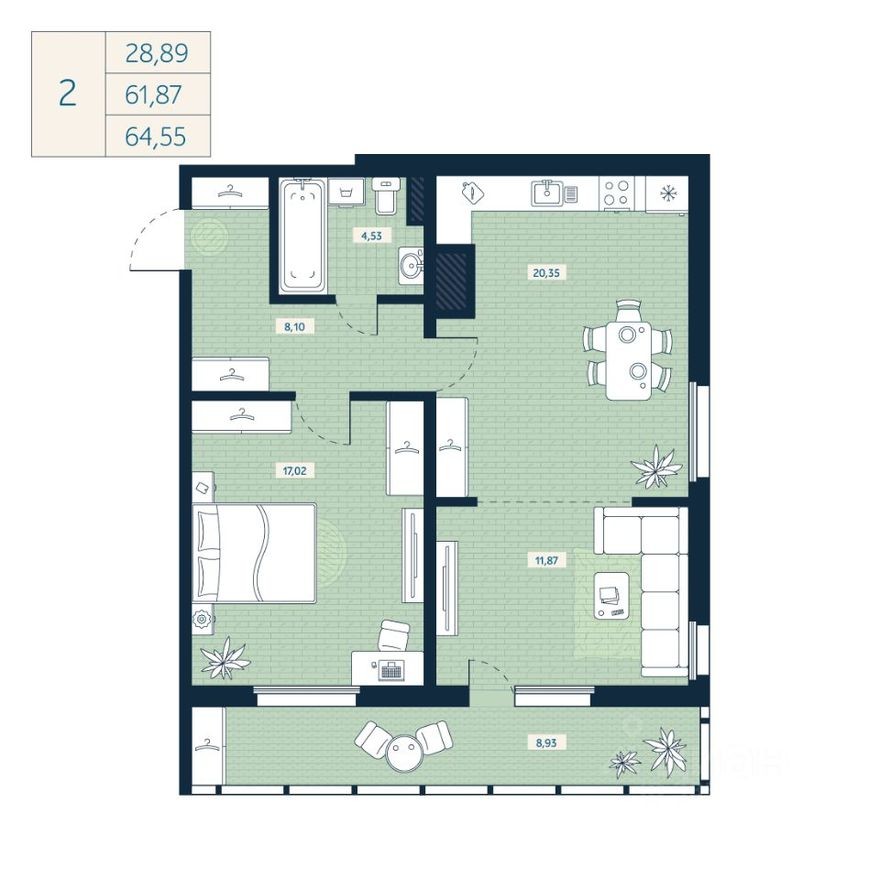 2к. квартира, 61.9 м²