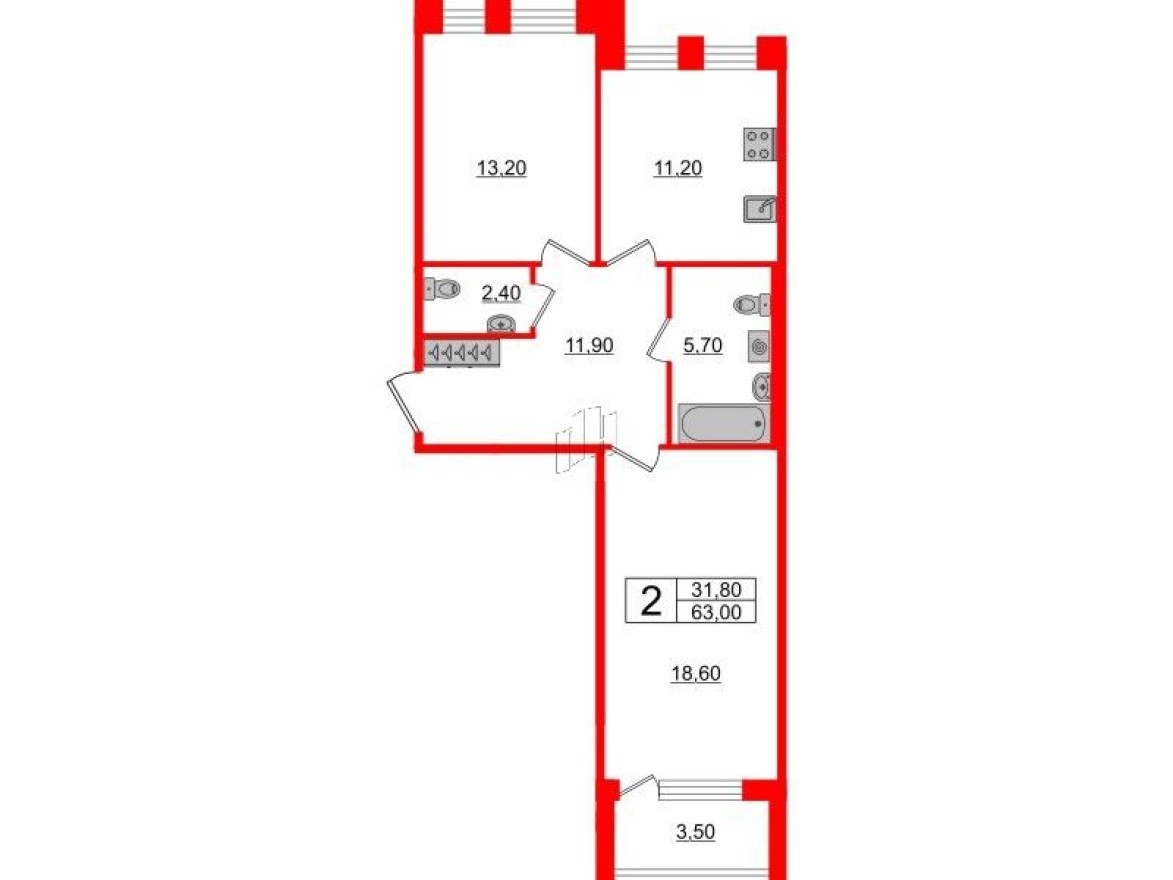 2к. квартира, 63.0 м²
