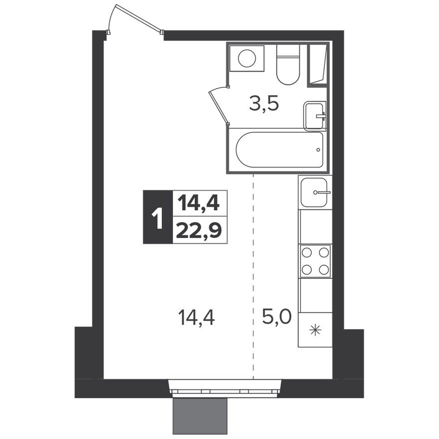 Студия-квартира, 22.9 м²