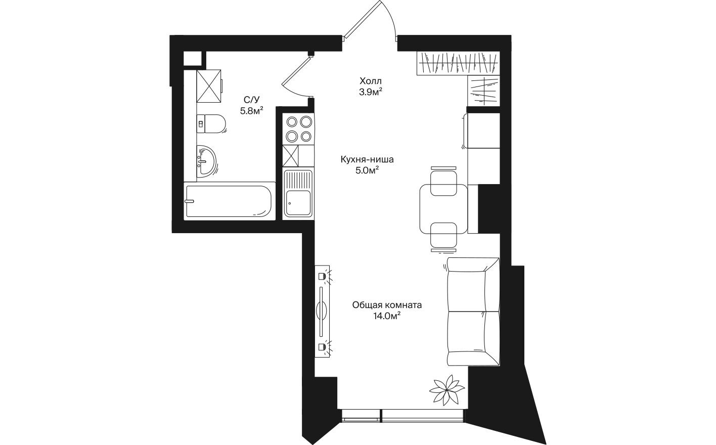 1к. квартира, 28.7 м²