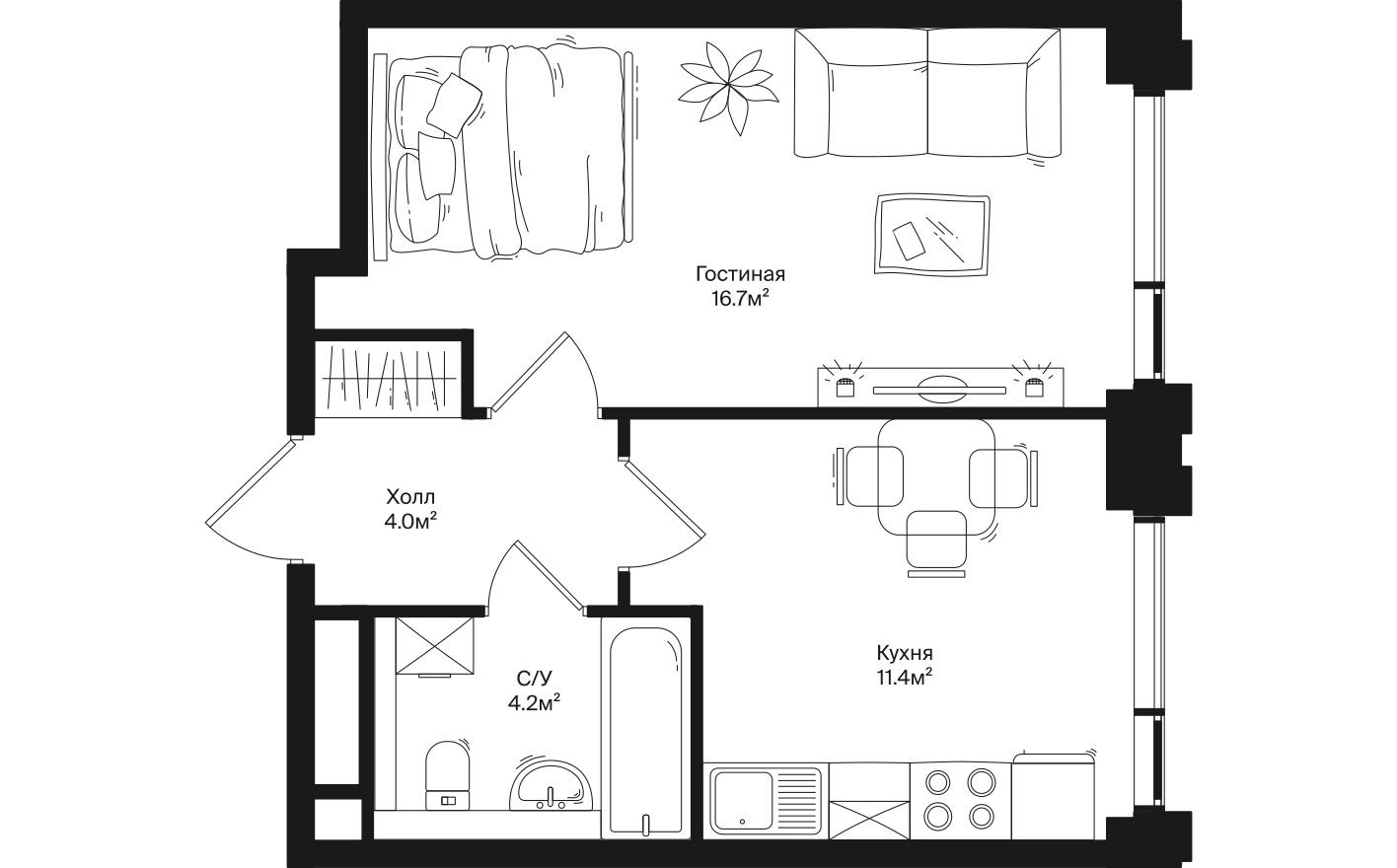 1к. квартира, 36.3 м²