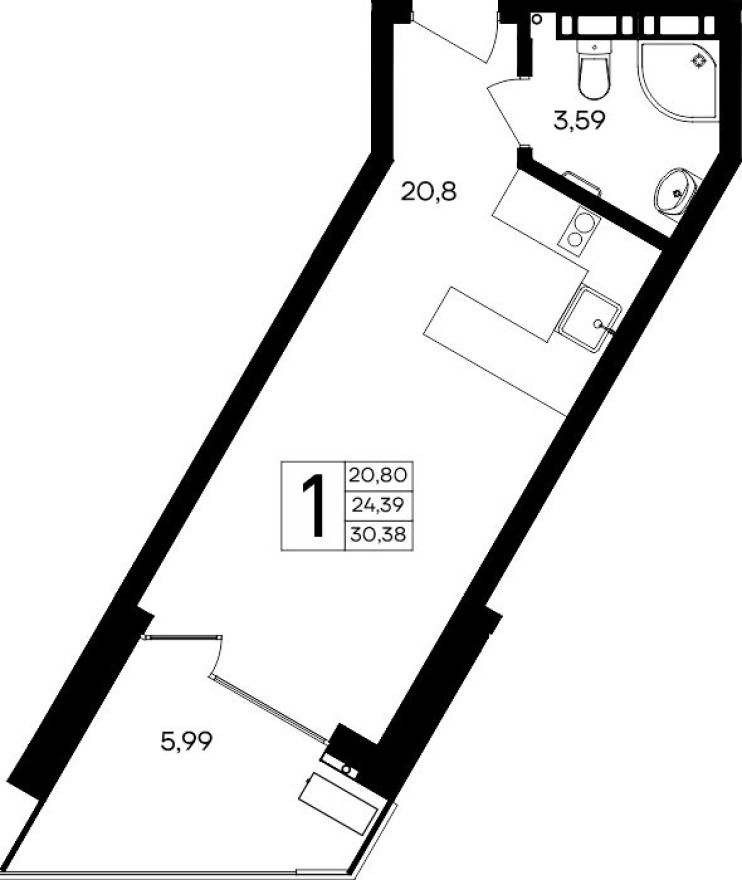 1к. квартира, 30.4 м²