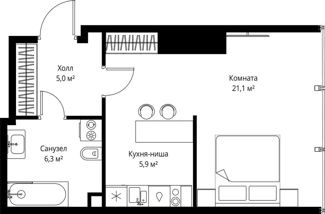 Студия-квартира, 38.3 м²