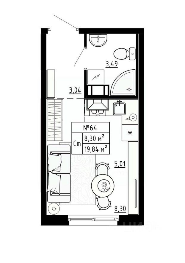 1к. квартира, 19.8 м²