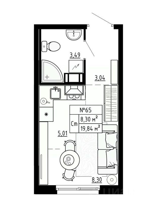 1к. квартира, 19.8 м²