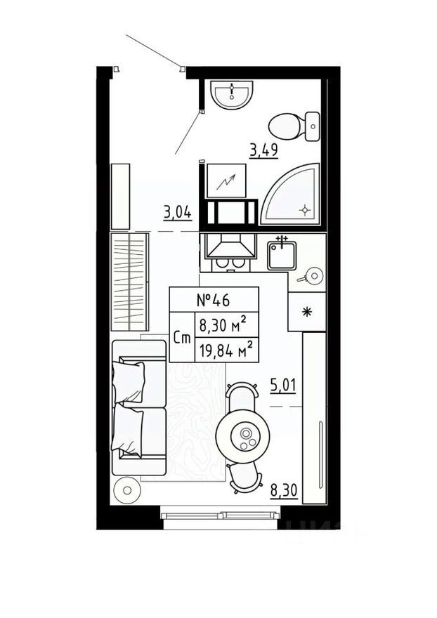 1к. квартира, 19.8 м²