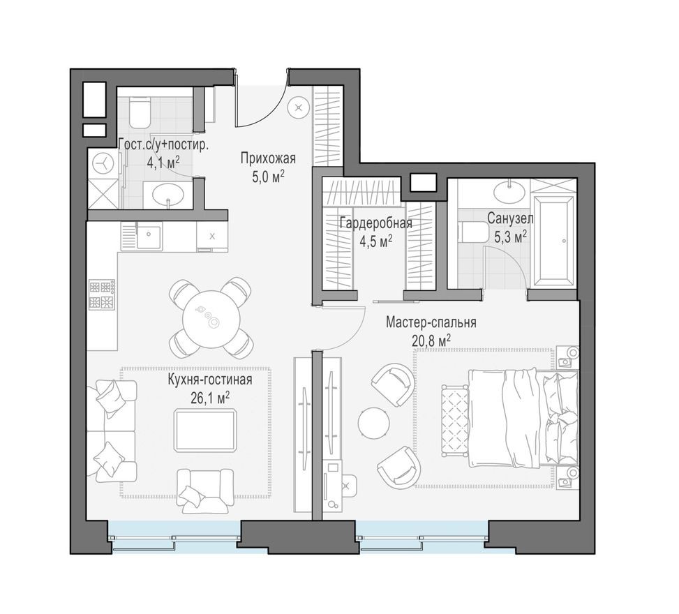 Планировка — 1к. квартира, 69.5 м²