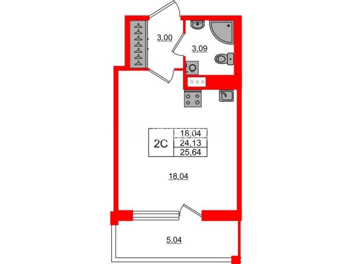 Студия-квартира, 24.1 м²