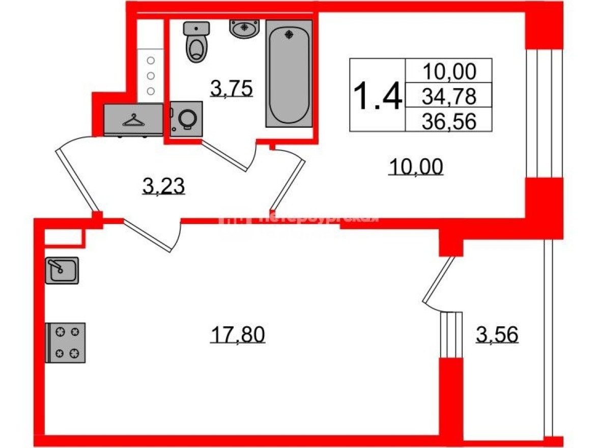 1к. квартира, 34.8 м²