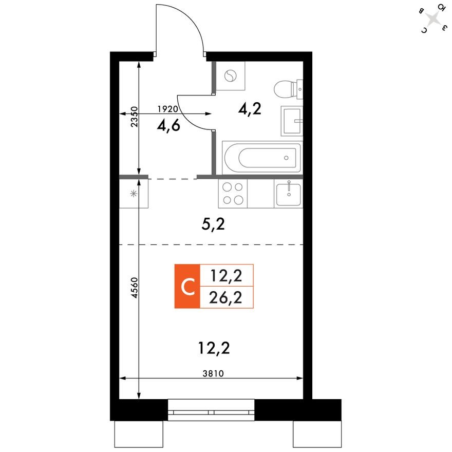 Студия-квартира, 26.2 м²