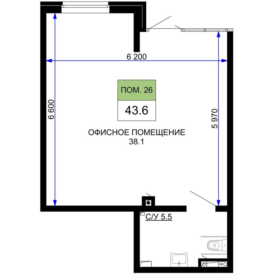 Помещение свободного назначения, 43.6 м²