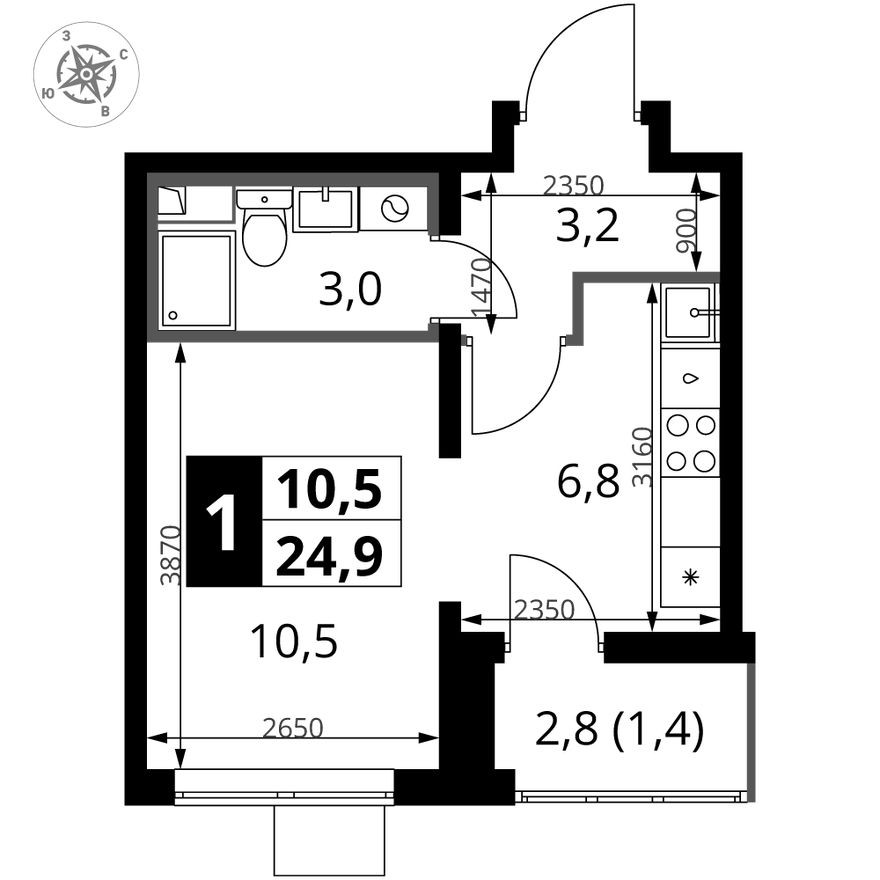 Студия-квартира, 24.7 м²