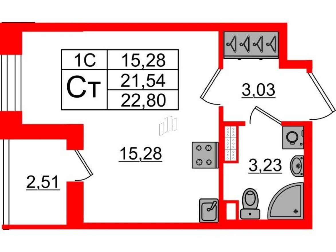 Студия-квартира, 21.5 м²