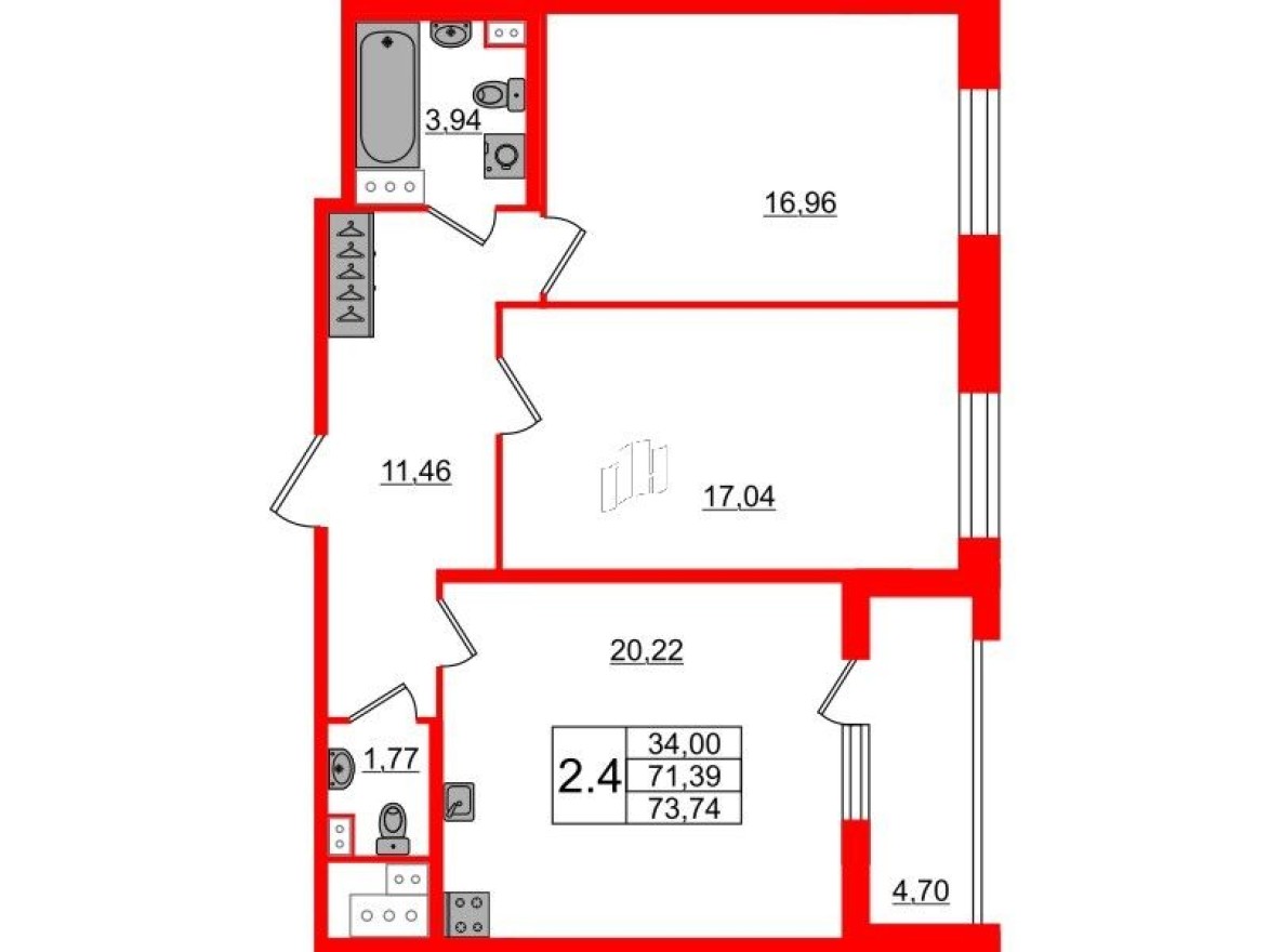 2к. квартира, 70.2 м²