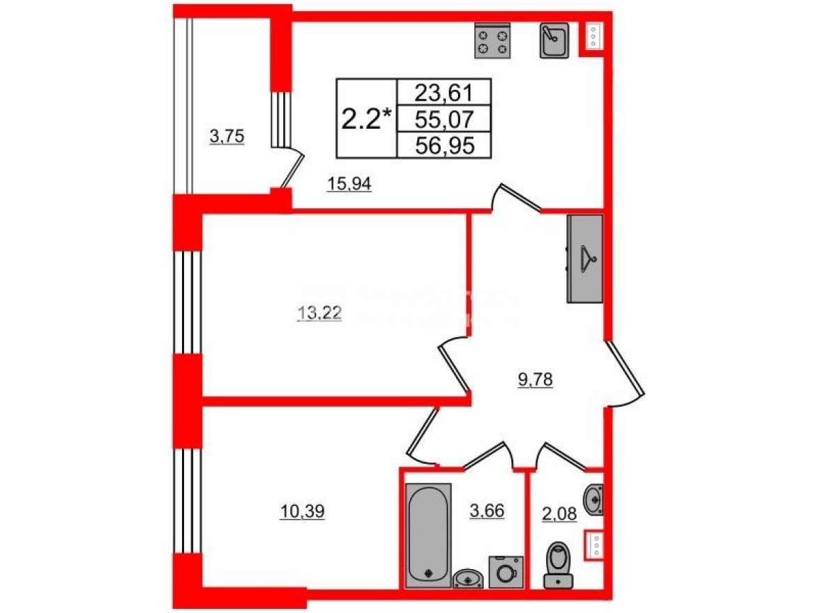 2к. квартира, 53.4 м²