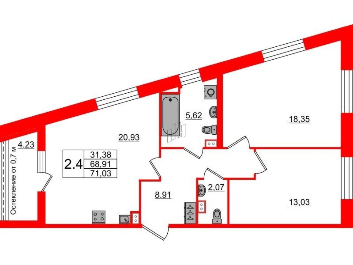 2к. квартира, 68.4 м²