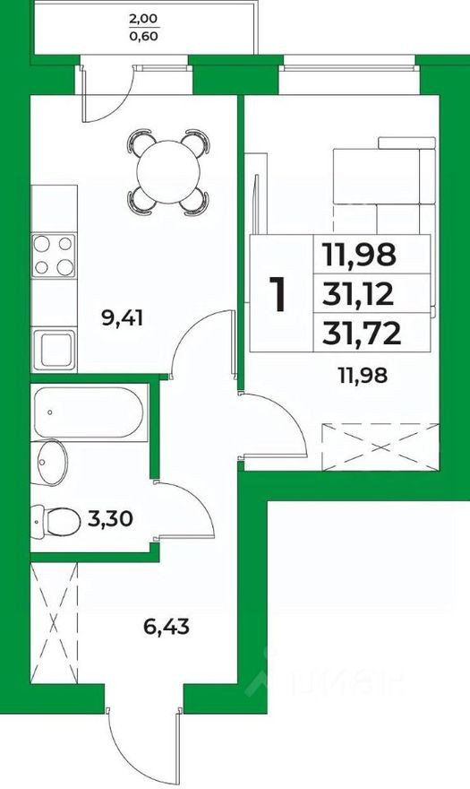 1к. квартира, 31.7 м²