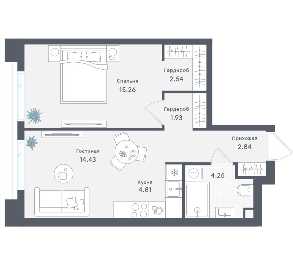 1к. квартира, 46.1 м²