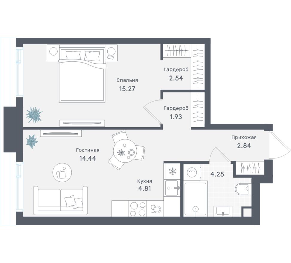 1к. квартира, 46.1 м²