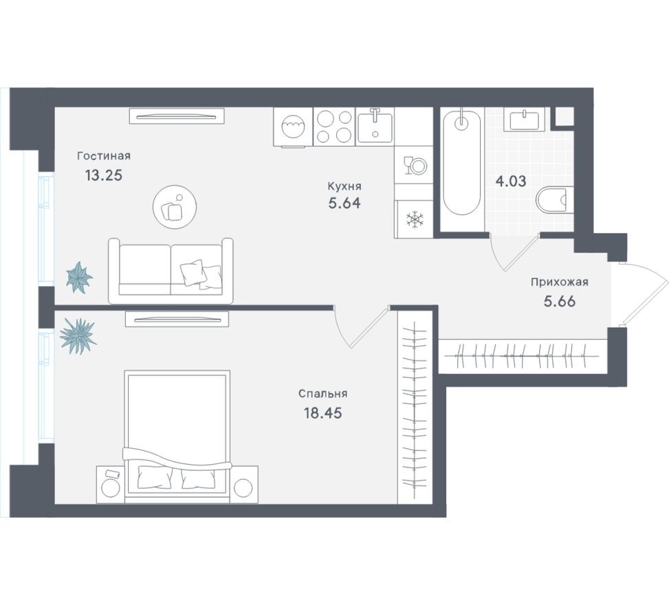1к. квартира, 47.0 м²