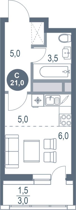 Студия-квартира, 21.0 м²