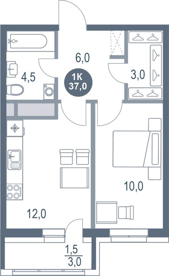 1к. квартира, 37.0 м²