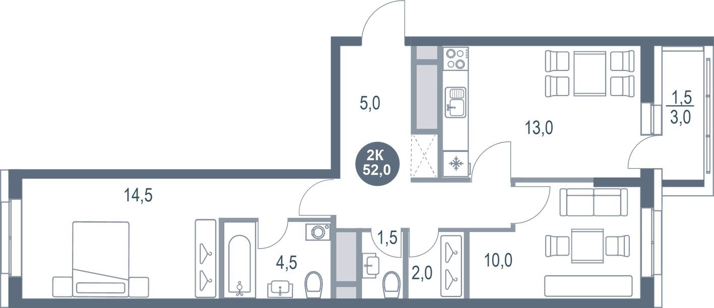 2к. квартира, 52.0 м²