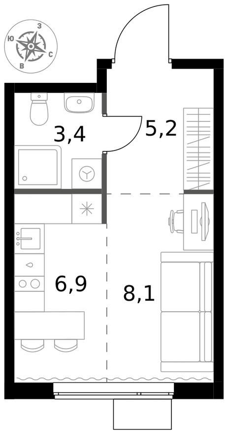 Студия-квартира, 23.6 м²