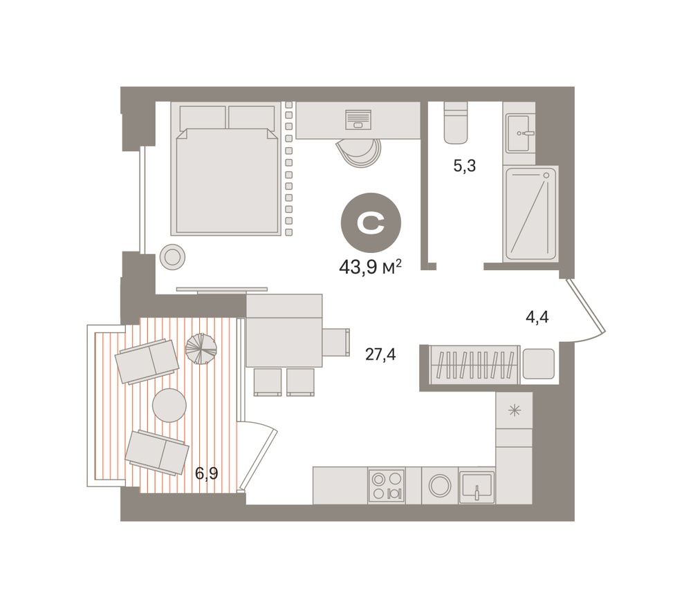 Студия-квартира, 43.9 м²