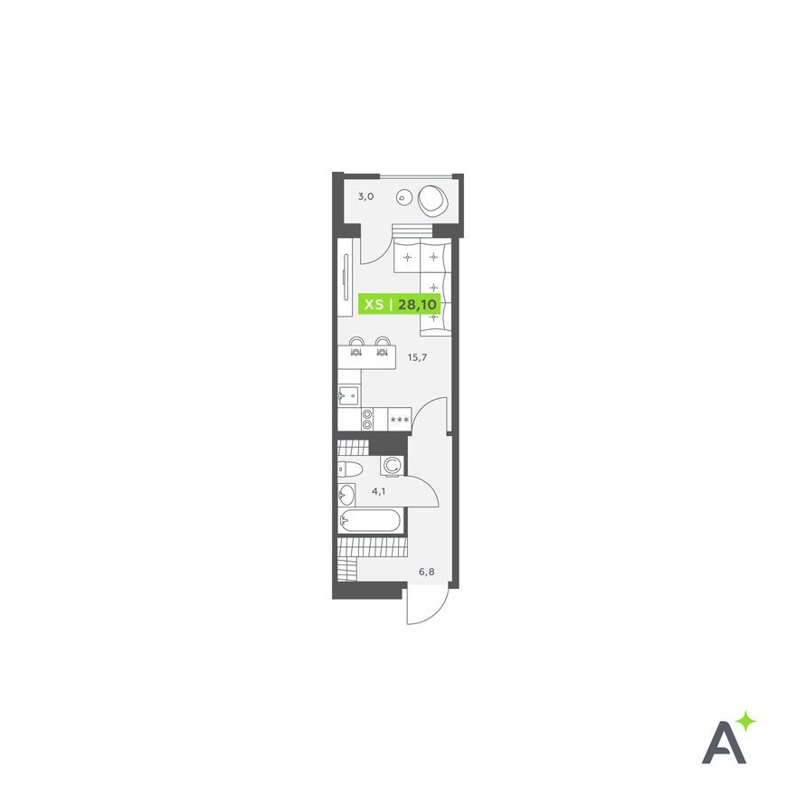 Студия-квартира, 28.1 м²