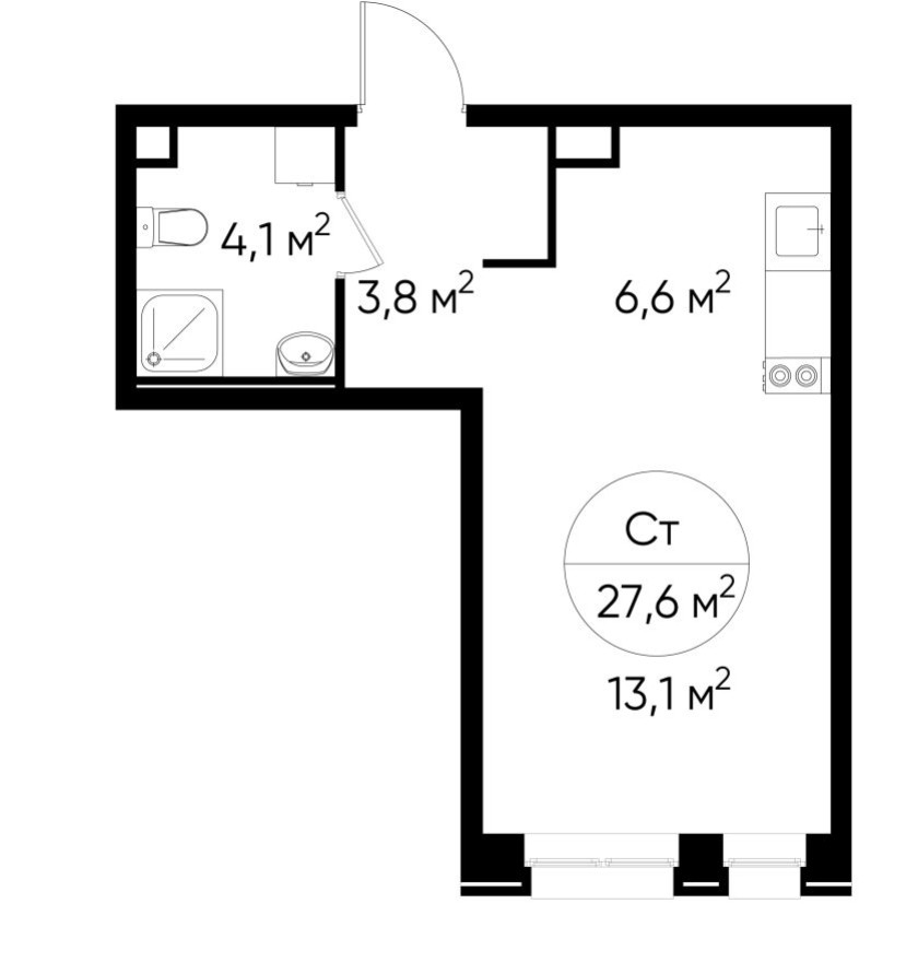 Студия-квартира, 27.6 м²