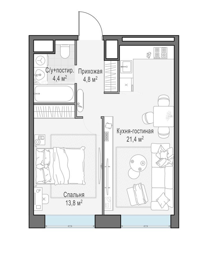 1к. квартира, 44.5 м²