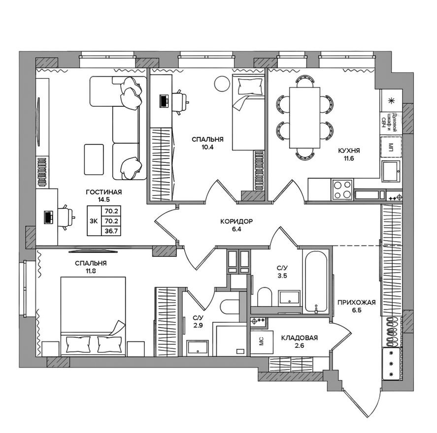 3к. квартира, 70.2 м²