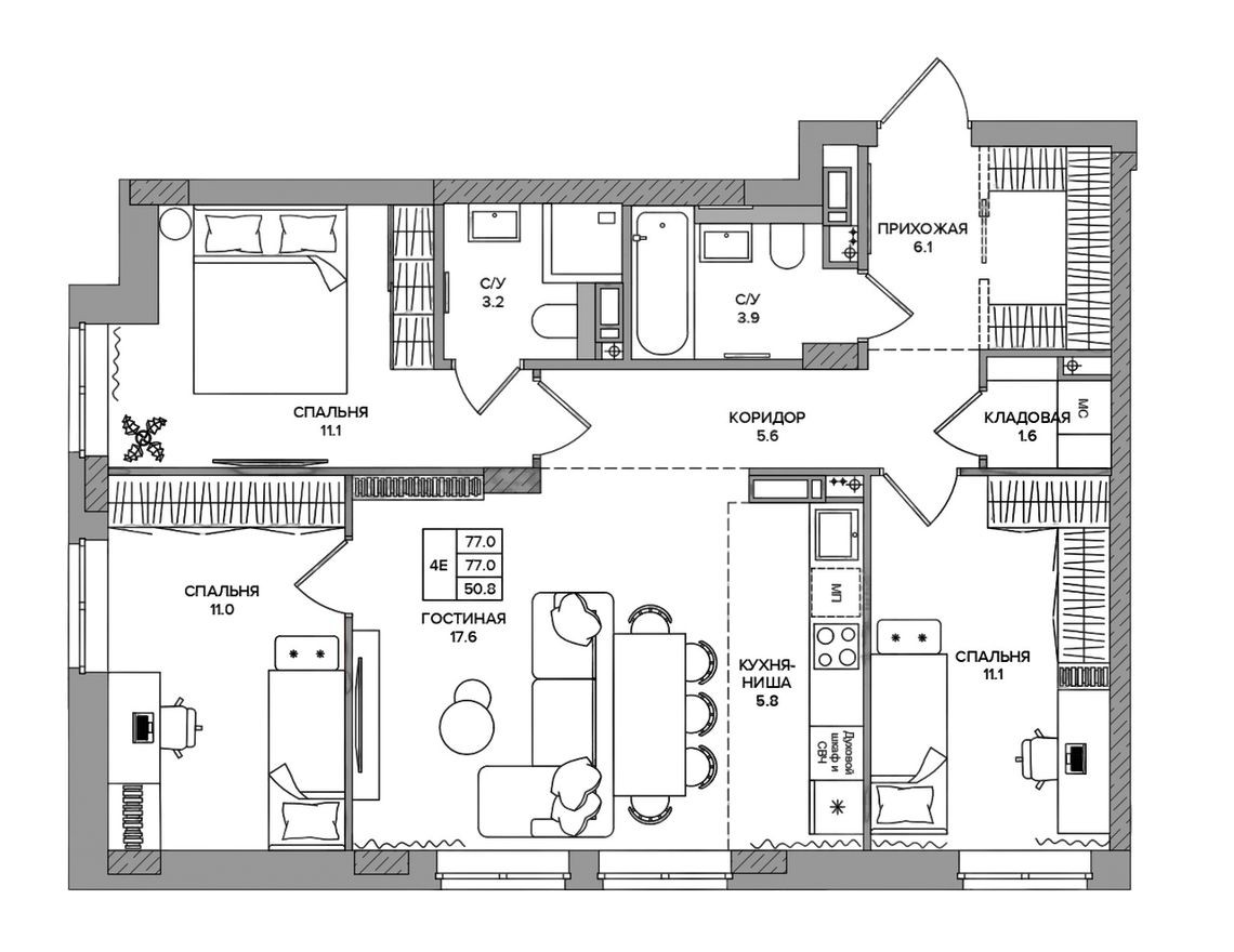 4е квартира, 77.0 м²