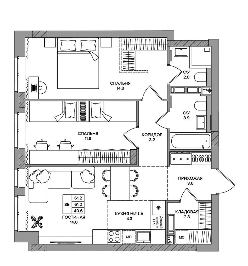 3е квартира, 61.2 м²