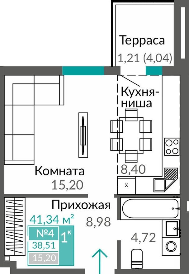1к. квартира, 38.5 м²