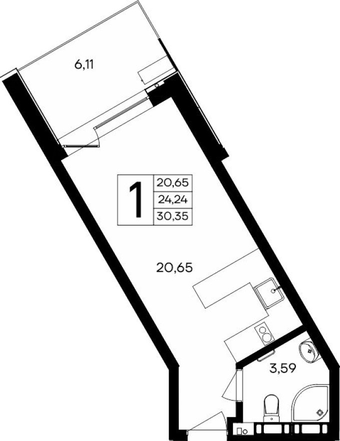 1к. квартира, 30.4 м²
